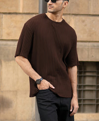 Dark Brown Rib Knit Oversized Half Sleeves T-Shirt
