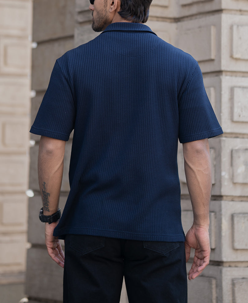 Navy Waffle Oversized Half Sleeves T-Shirt