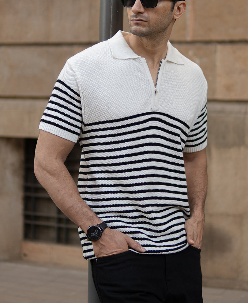 Black Stripe Knit Zipper Regular Fit T-Shirt