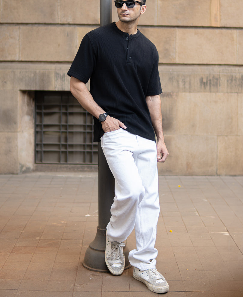 Black Knitted Henley T-Shirt