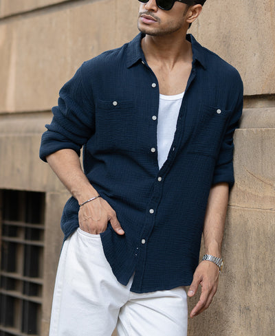 Navy Crinkled Shirt With Pockets
