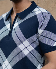 Navy Knitted Checks Structured T-Shirt