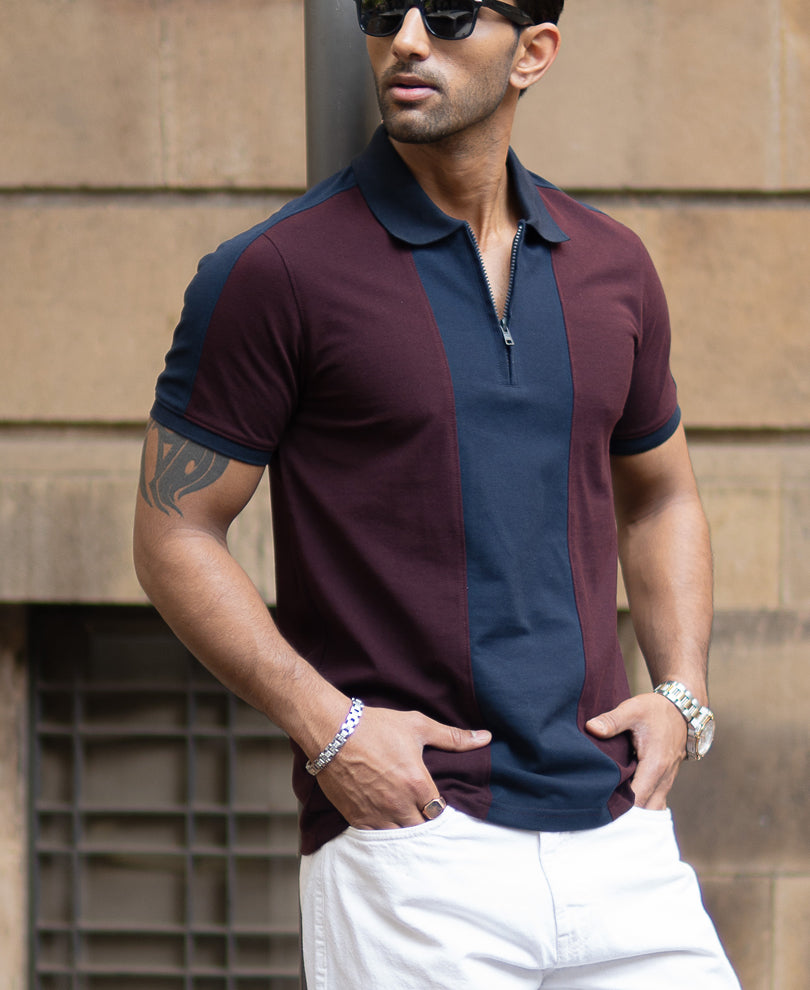Wine And Navy Panel T-Shirt