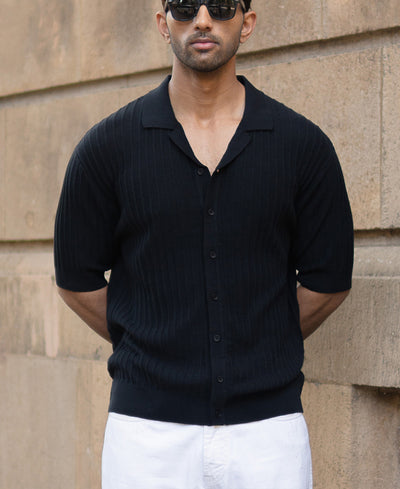 Black Rib Knit Cuban Shirt