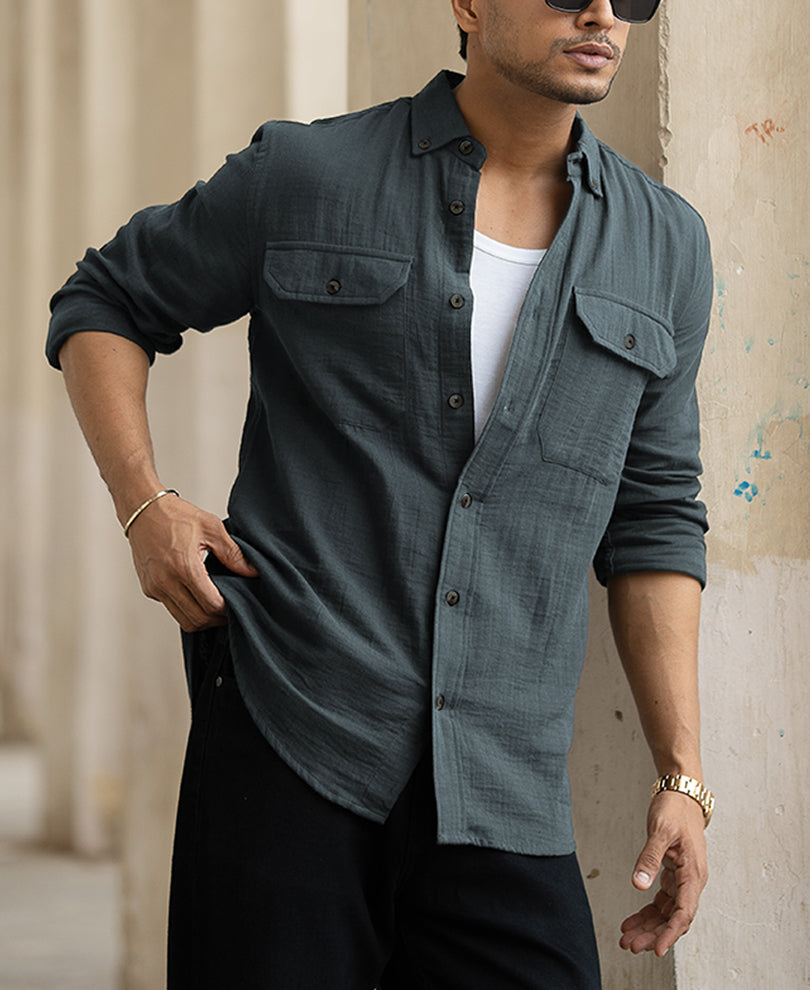 Dark Green Regular Fit Plain Full Sleeves Shirt