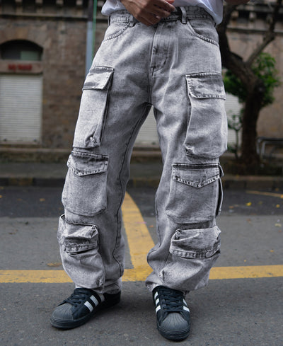 Grey Multi Pockets Baggy Fit Cargo Denim Jeans