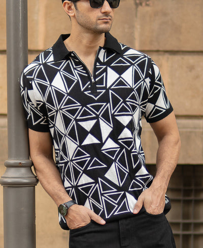 Black Geometric Knit Polo T-Shirt