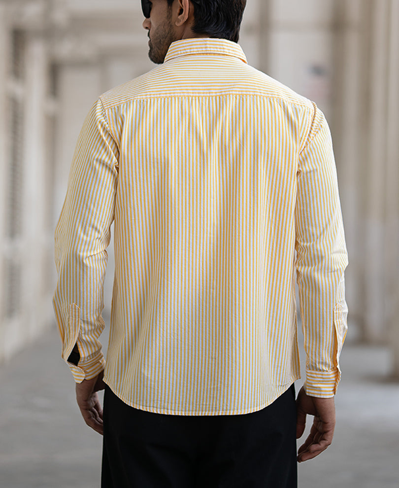 Yellow And White Stripes Regular Fit Full Sleeves Shirt