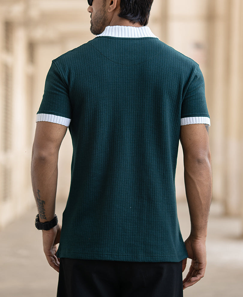 Green Bamboo Cord Regular Fit Half Sleeves T-Shirt