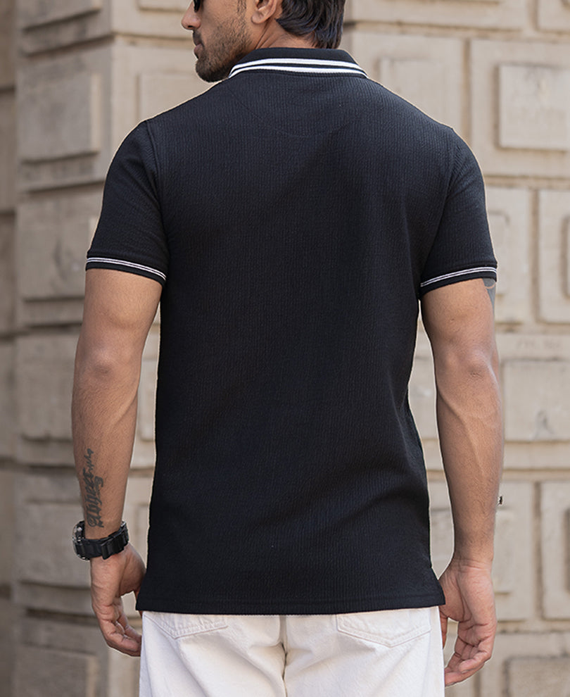 Black Regular Fit Structured Half Sleeves T-Shirt