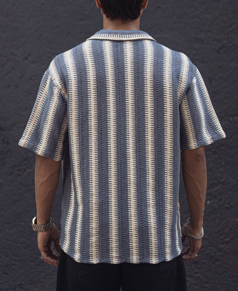 Sky Blue and White Crochet Striped Oversized Shirt