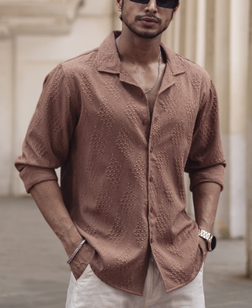 Dark Beige Structured Regular Fit Full Sleeves Shirt