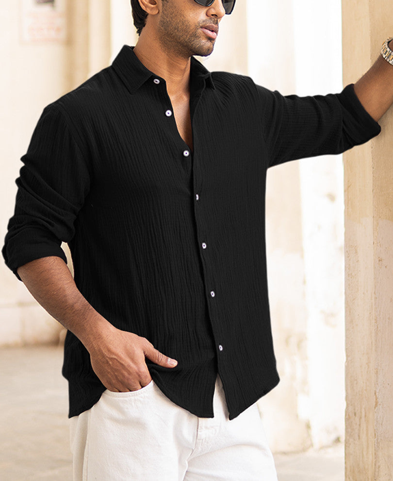 Black Regular Fit Structured Full Sleeves Shirt