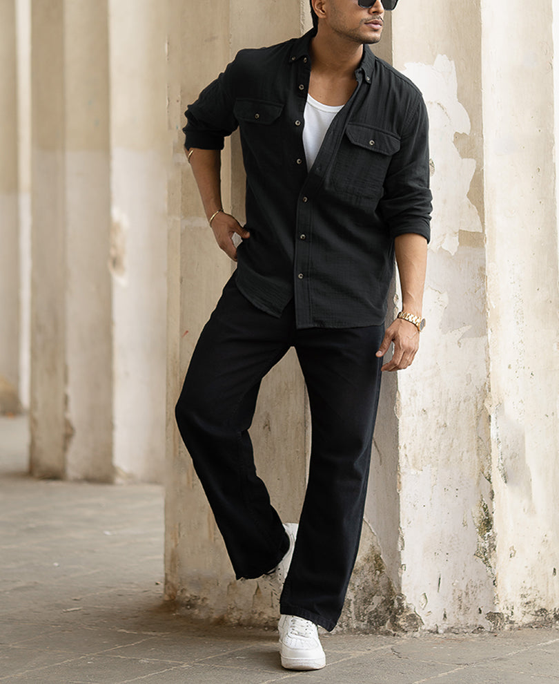 Black Double Pocket Regular Fit Full Sleeves Shirt
