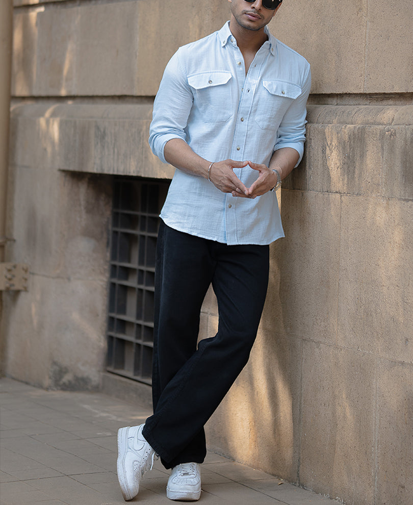 Sky Blue Double Pocket Regular Fit Full Sleeves Shirt