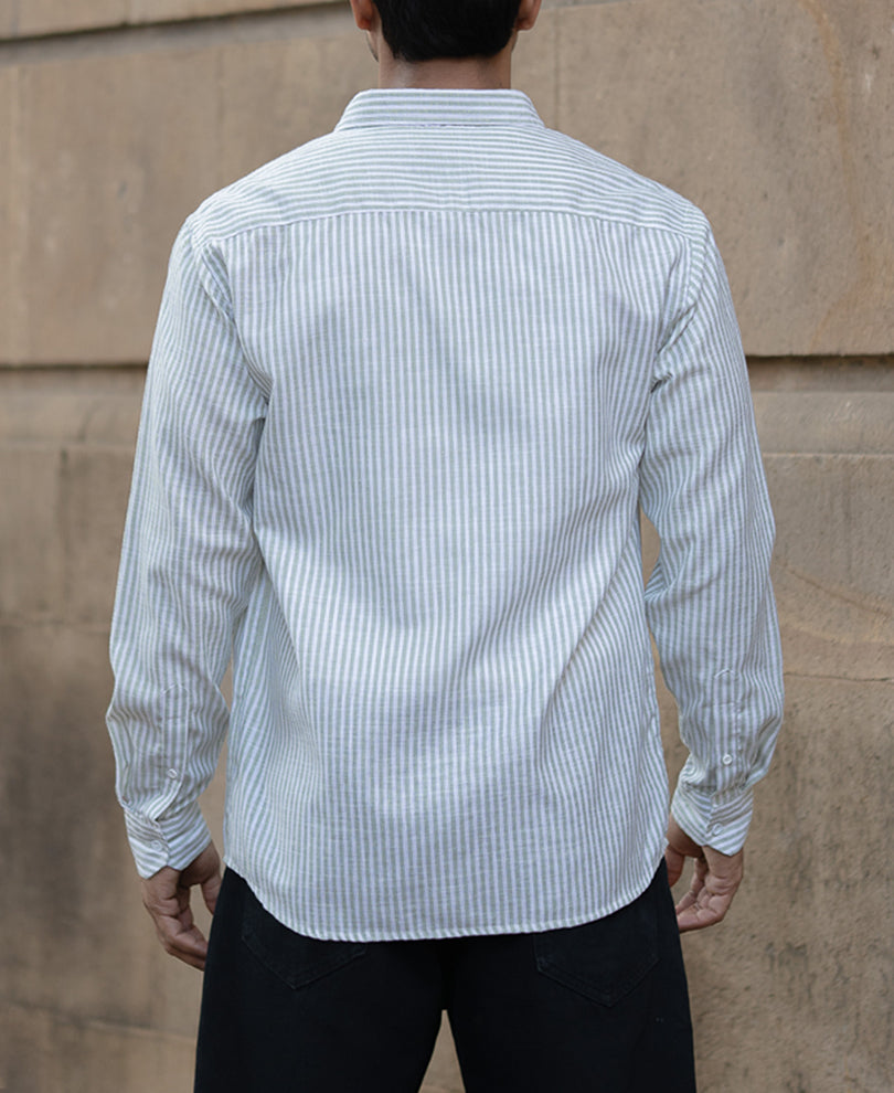 Green And White Stripes Regular Fit Full Sleeves Shirt