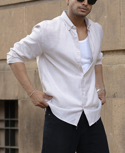 Cream And White Stripes Regular Fit Full Sleeves Shirt