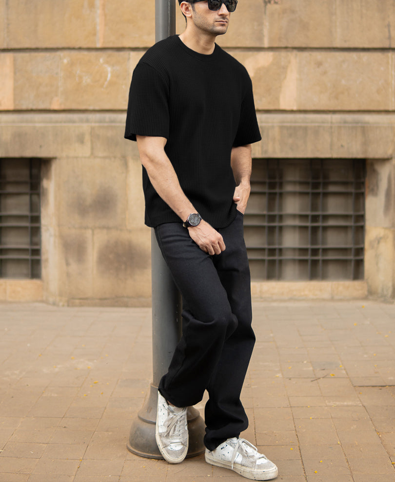 Black Structured Oversized Half Sleeves T Shirt