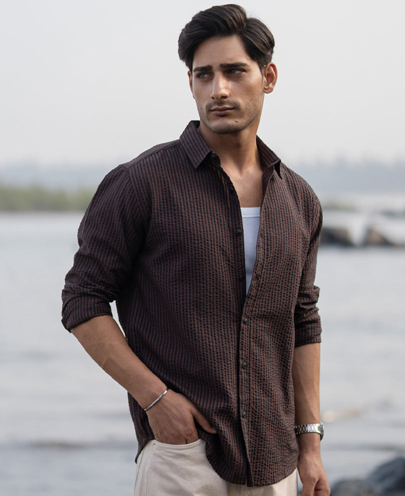 Brown Seer Sucker Stripe Shirt.