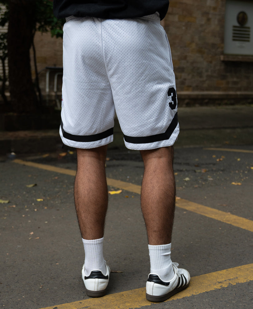 White Embroidered Mesh Basketball Shorts.