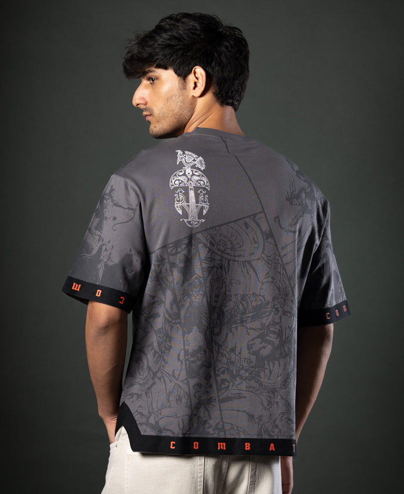 Grey Mahabharata Print T-Shirt.