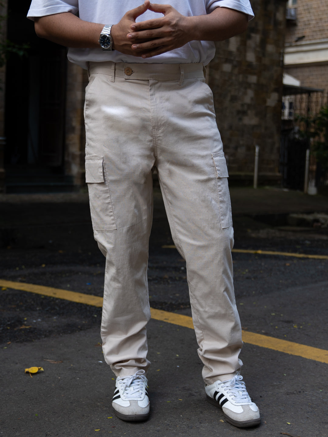 Cream Cotton Cargo Regular Fit Pant