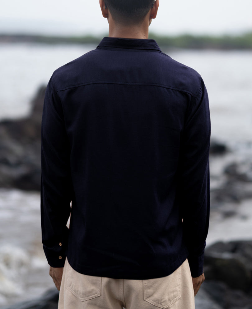 Navy Linen Blend Embroidery Shirt.