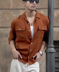 Tan Linen Double Pocket Shirt