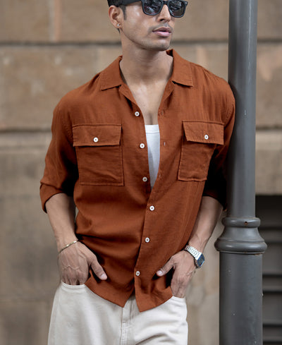 Tan Linen Double Pocket Shirt