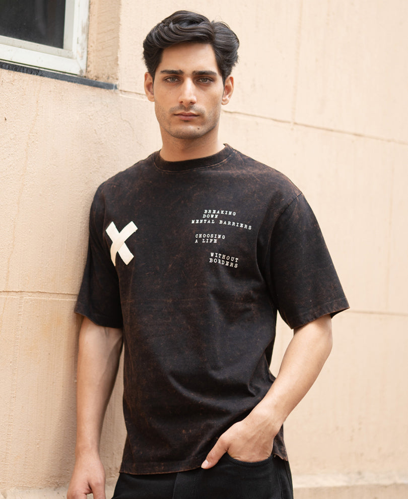 Dark Brown Washed Printed Oversized T-Shirt