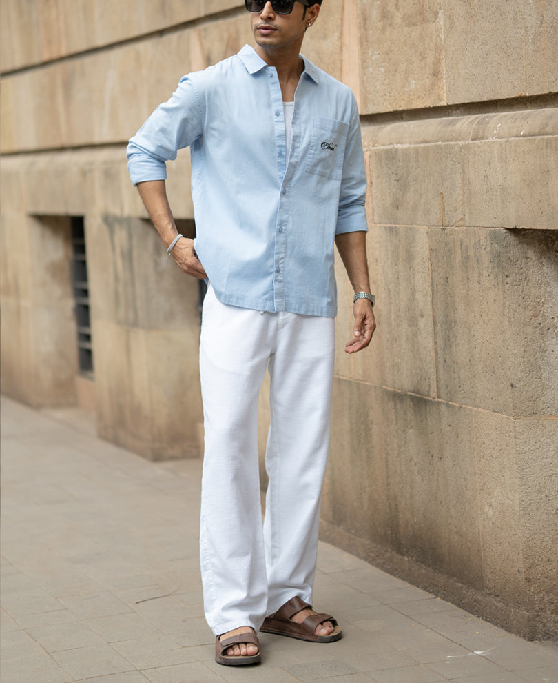 Blue Linen Blend Embroidered Shirt.