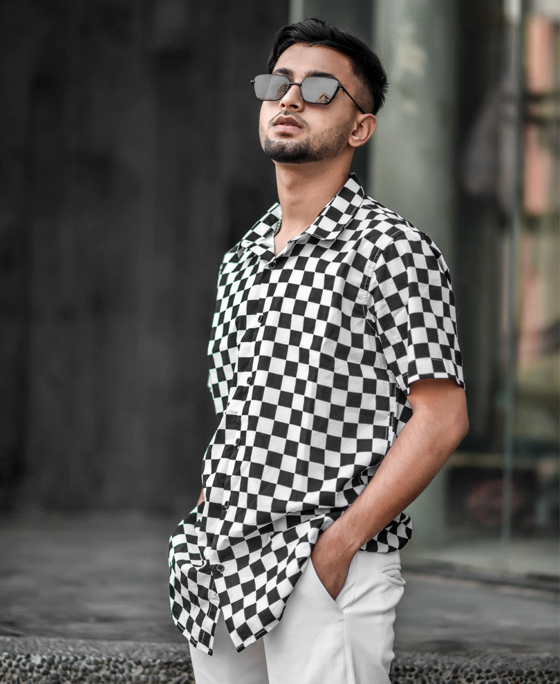 White and Black Check Print Half Sleeves Shirt