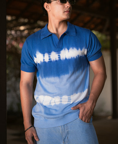 Blue Tie Dye Knit T-Shirt.