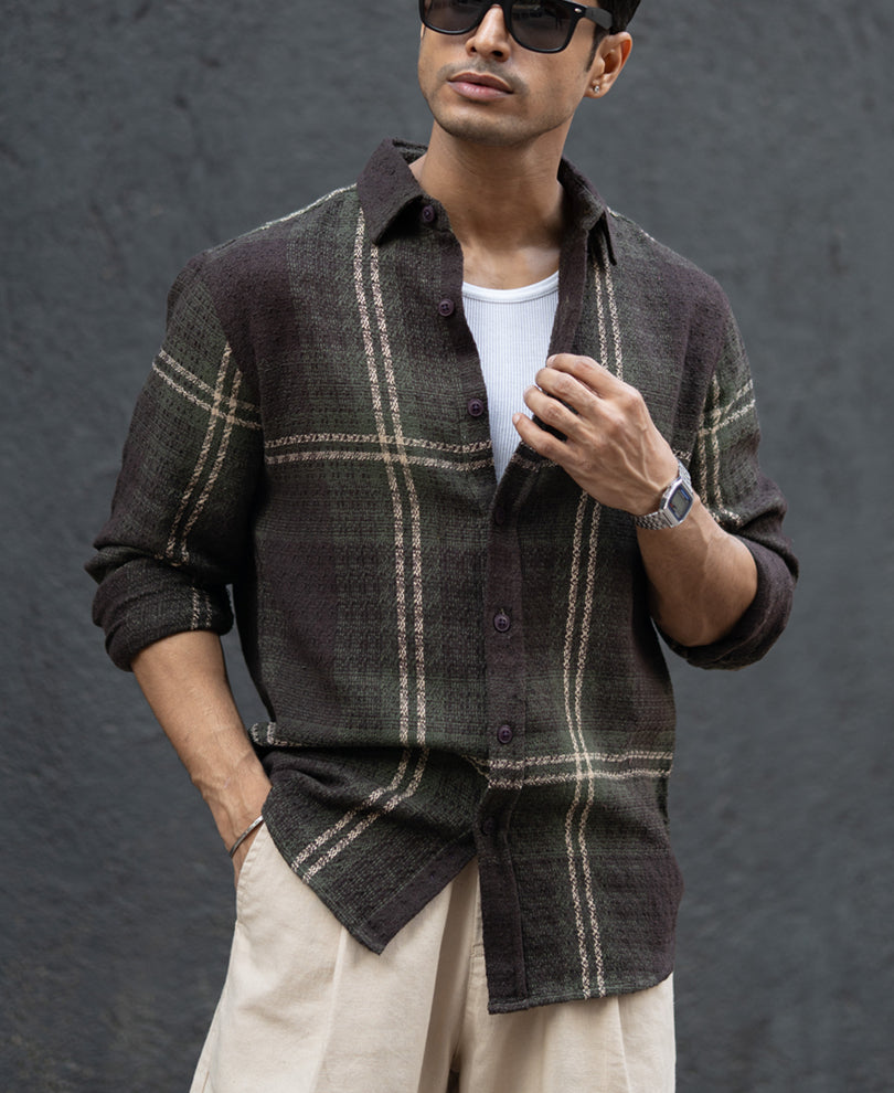 Dark Olive Structured Checks Shirt