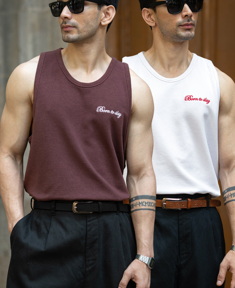 Brown & Off White Vest Combo (Pack Of 2) 100% Cotton