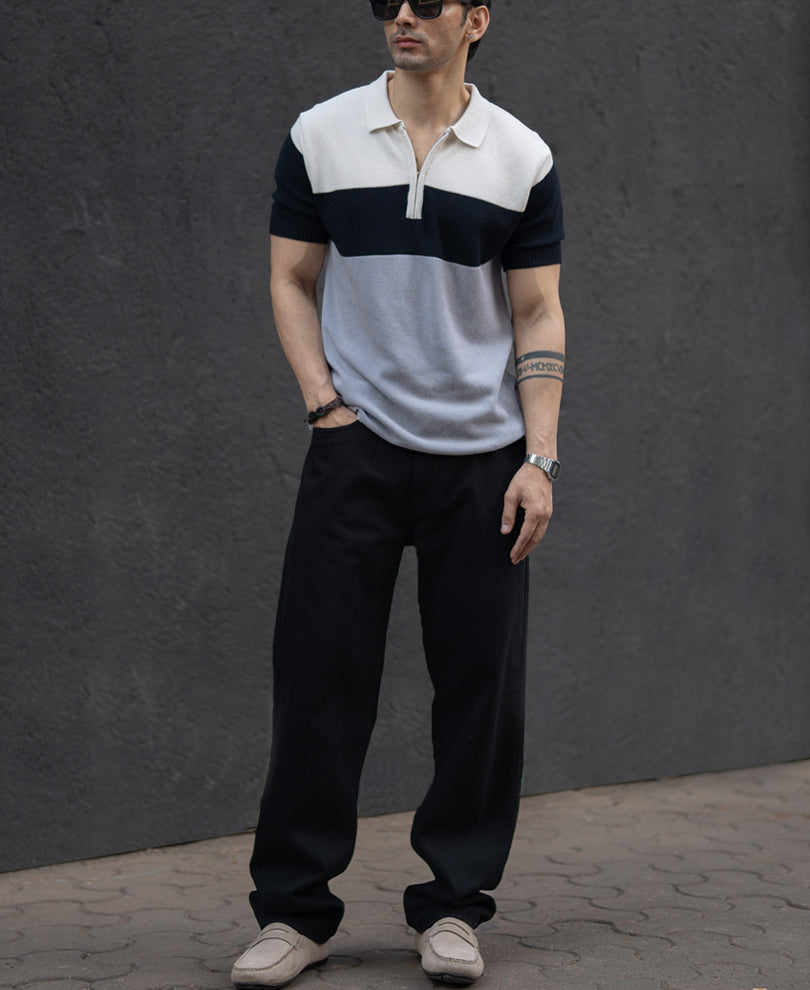 Grey & Navy Knit Stripe T-Shirt