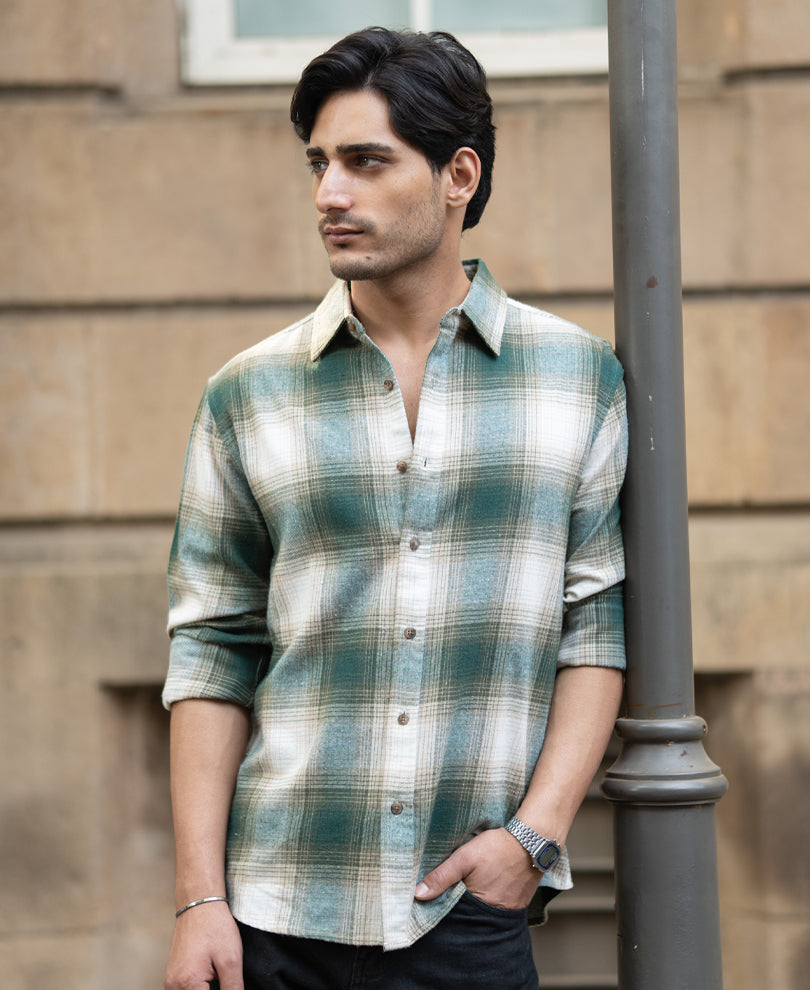 Green & Beige Flannel Checks Shirt.