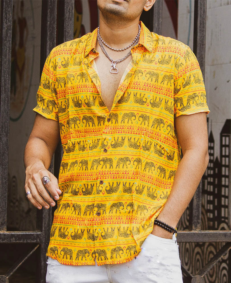 Yellow Elephant Print Half Sleeves Shirt