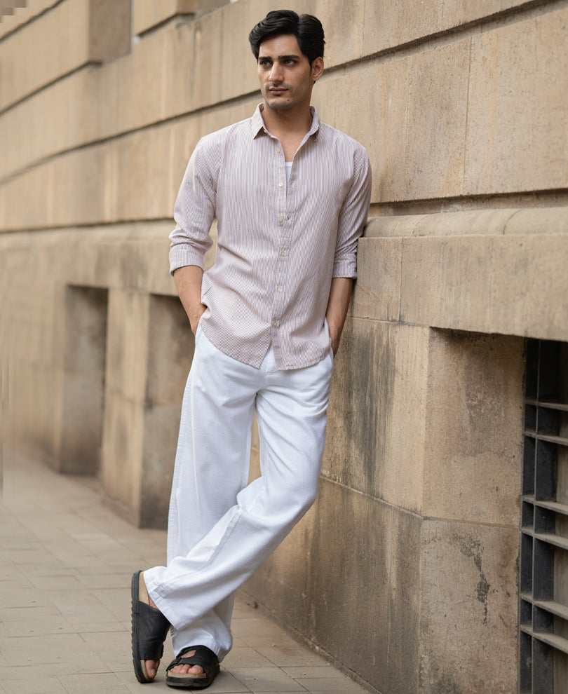 Dark Beige Oxford Stripe Shirt.