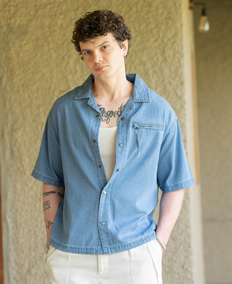 Light Blue Cuban Denim Shirt 100% Cotton