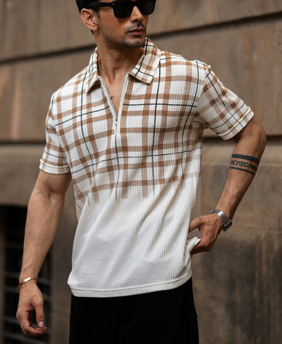 Beige Checks Print T-Shirt