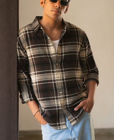 Brown & Off-White Structured Checks Shirt 100% Cotton