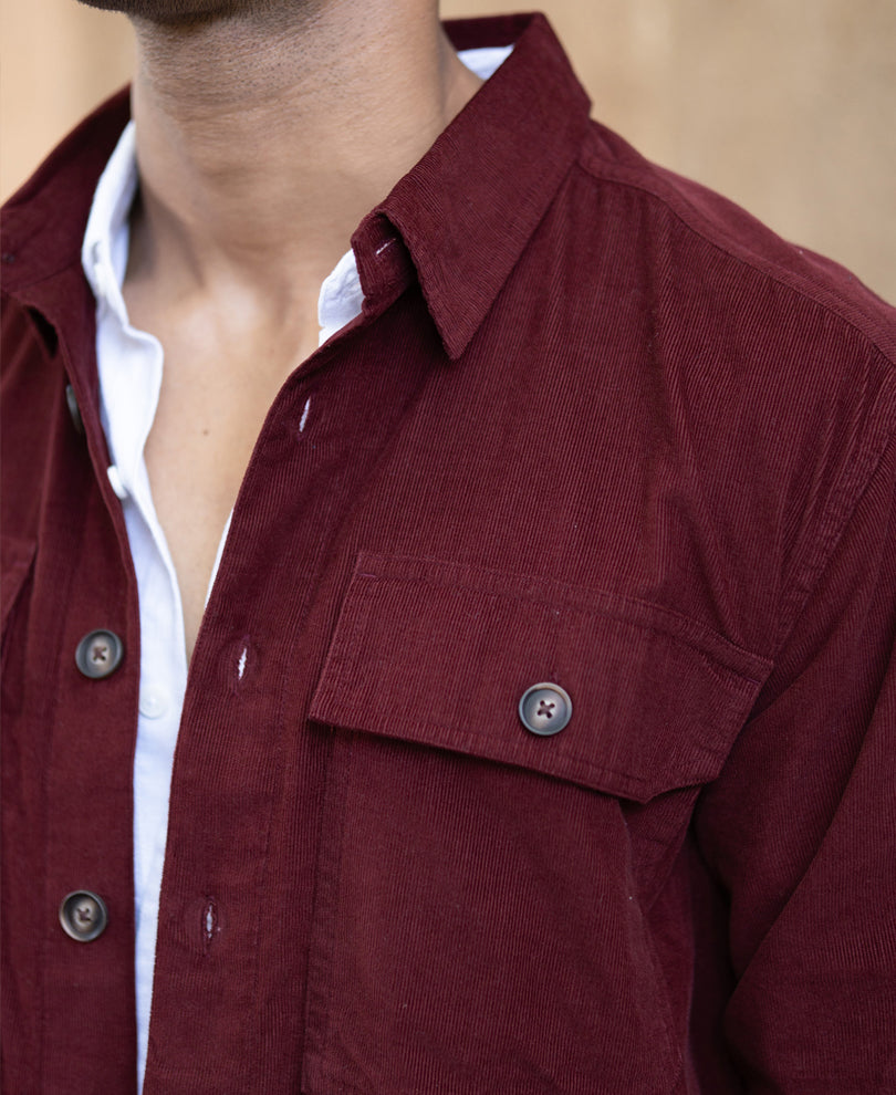 Wine Corduroy Shirt With Pockets