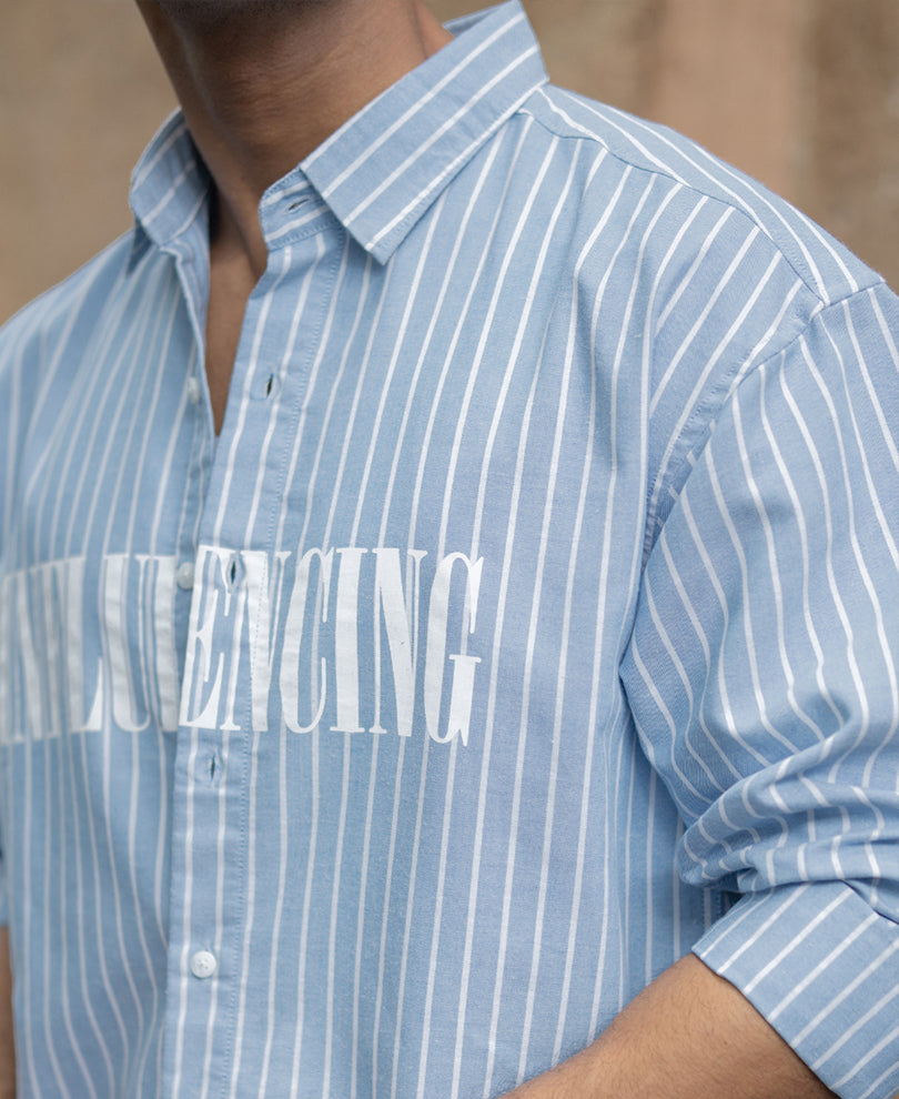 Blue Oversize Stripe Shirt With Print