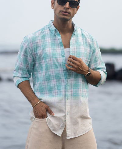 Aqua Blue Light Weight Ombre Checks Shirt