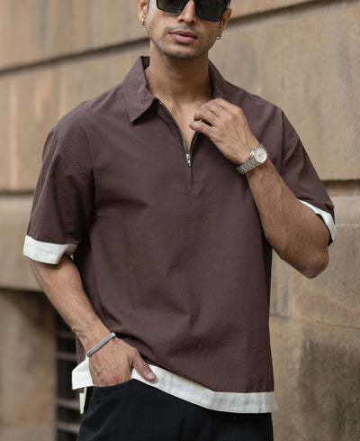 Dark Brown Boxy Fit Collar T-Shirt
