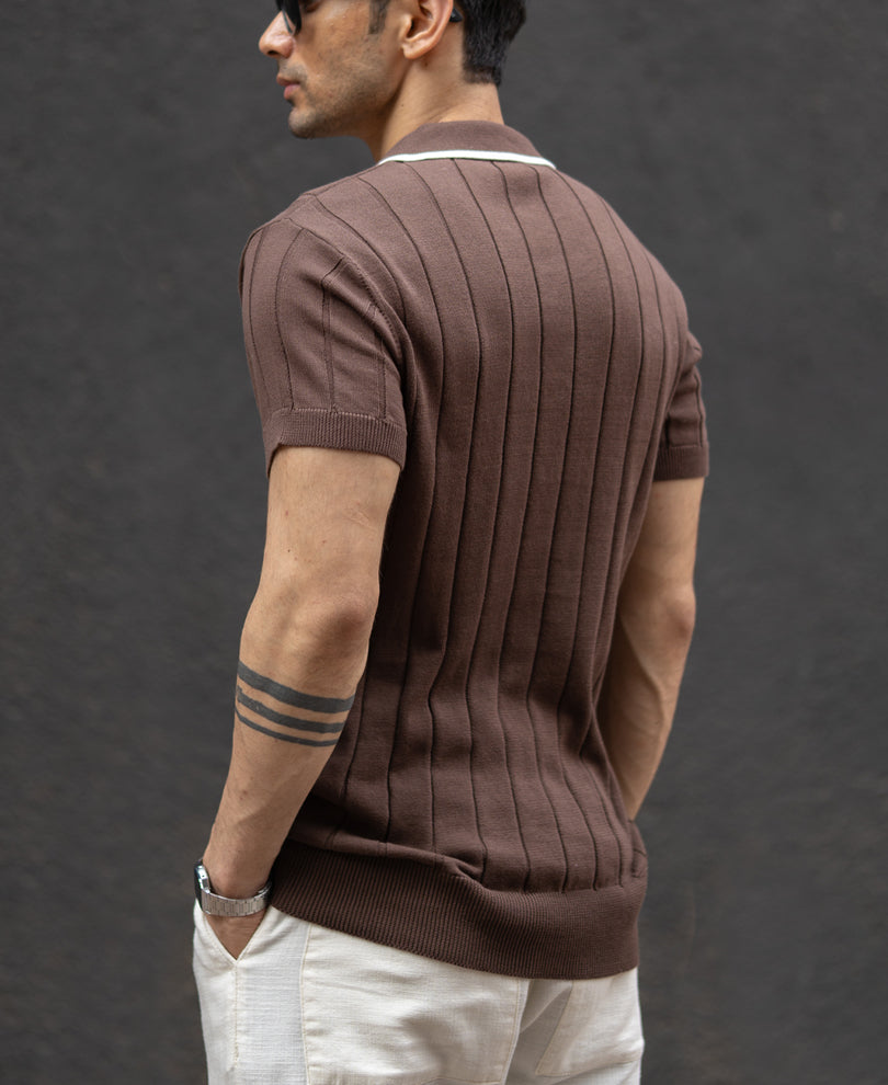 Brown Structured Knit Polo T-Shirt.