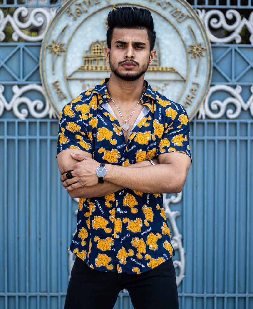 Navy Blue Garfield Cat Printed Half Sleeves Shirt