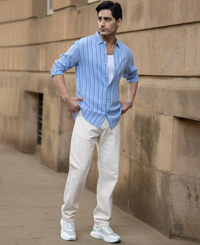 Blue Double Cloth Striped Shirt