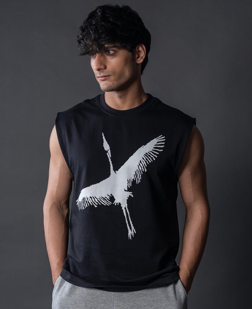 Heron Print Black Vest.